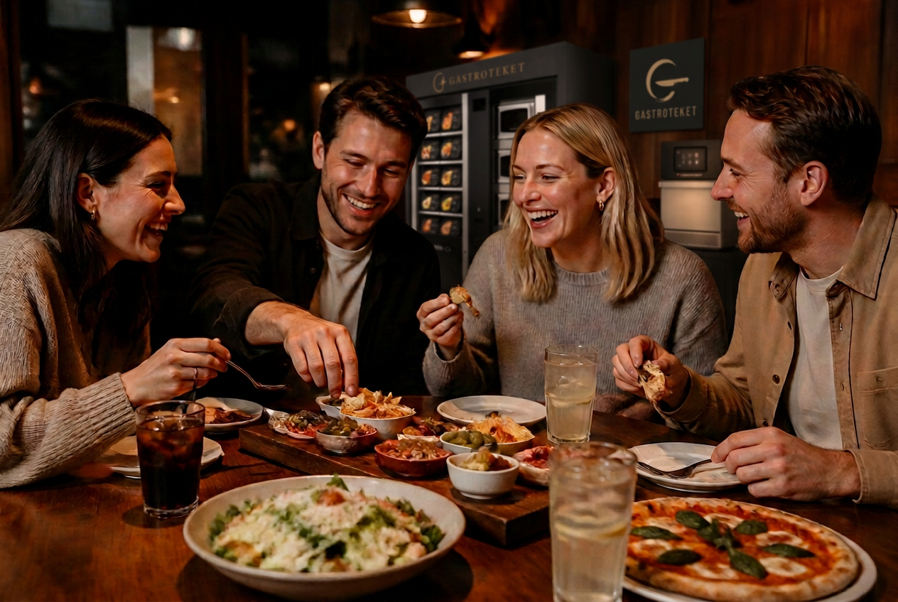 En gjeng venner deler tapas, pizza og salat med brus i en intim gastropub